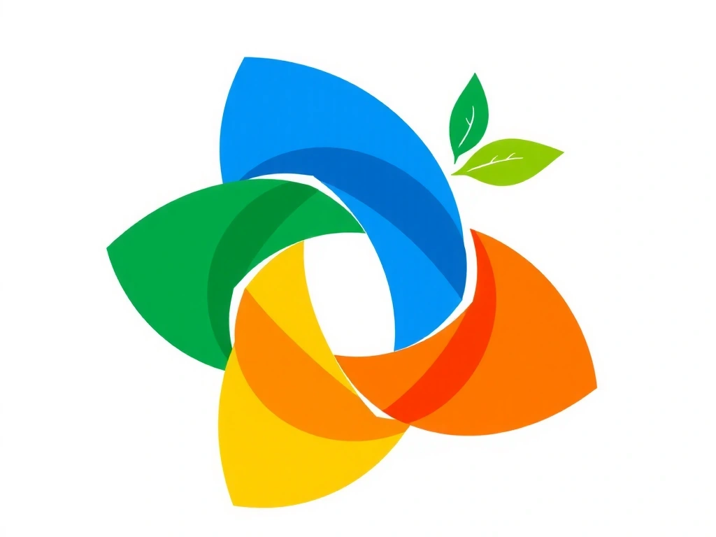 A vibrant, abstract illustration representing core values like trust, teamwork, and environmental responsibility with intertwined geometric shapes and natural elements.