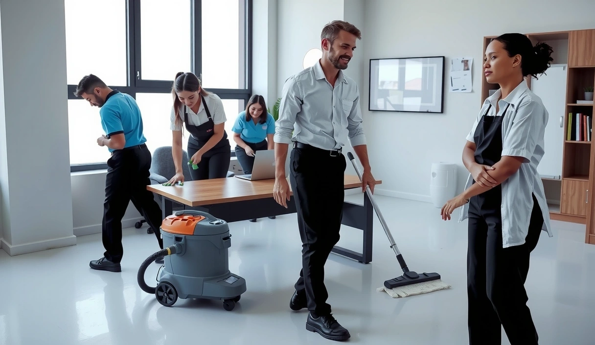 CleaningExpert team working together with a focus on cleanliness and professionalism in a modern office environment.