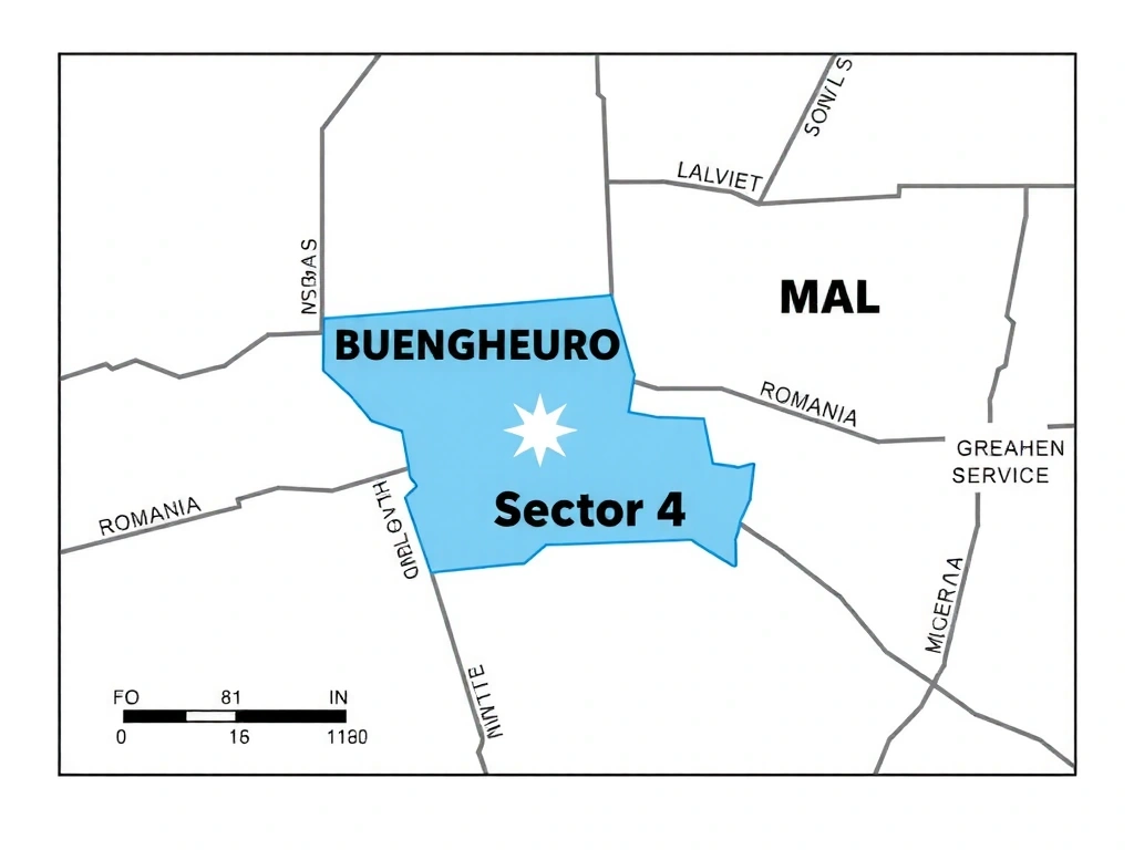 Stylized map of București and surrounding regions, highlighting Sector 4, with a clean and modern aesthetic.