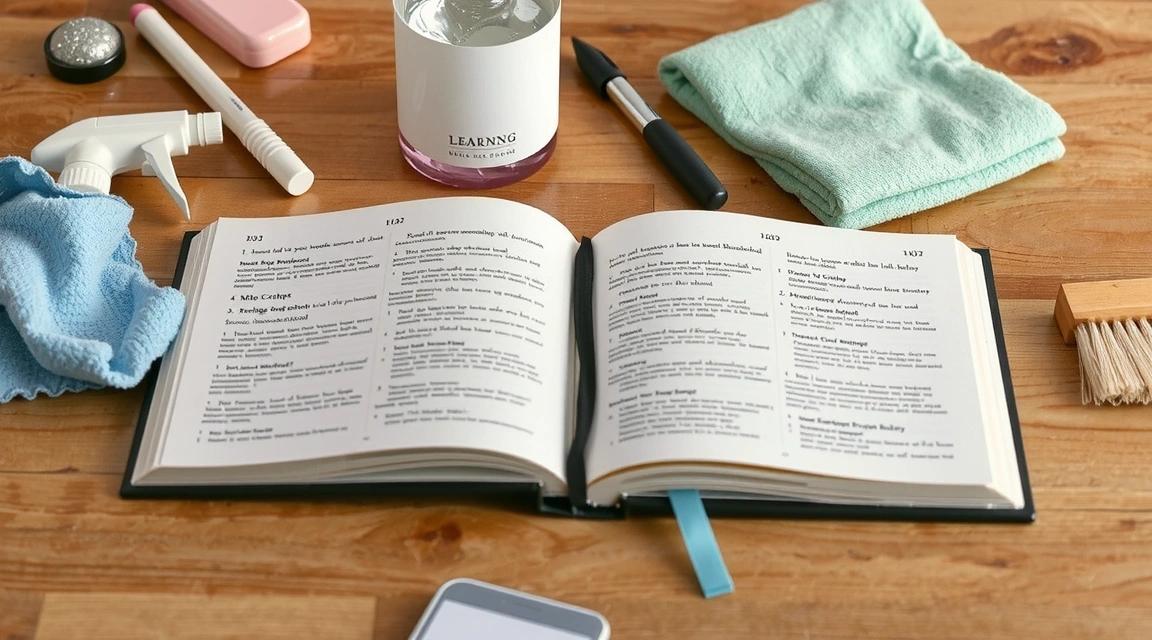 Open book with cleaning supplies on a wooden table