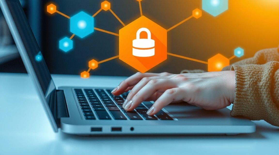 A person typing on a laptop with data flowing in the background, illustrating data processing and usage.