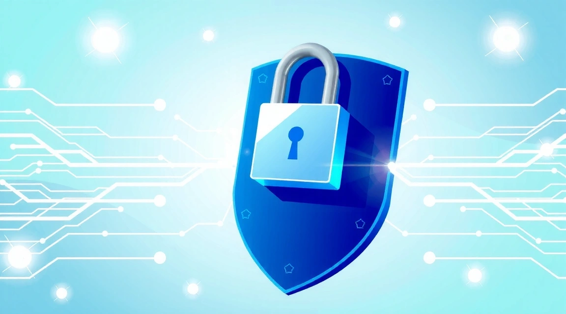 A lock icon over a stylized shield, representing data security and privacy protection.