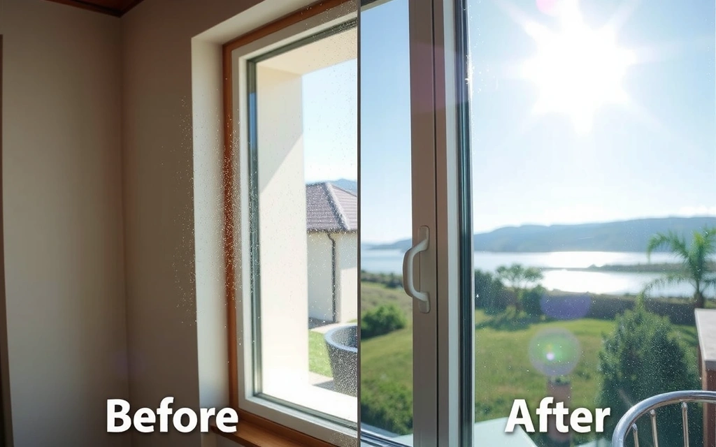 Detailed comparison of a dirty window versus a sparkling clean window