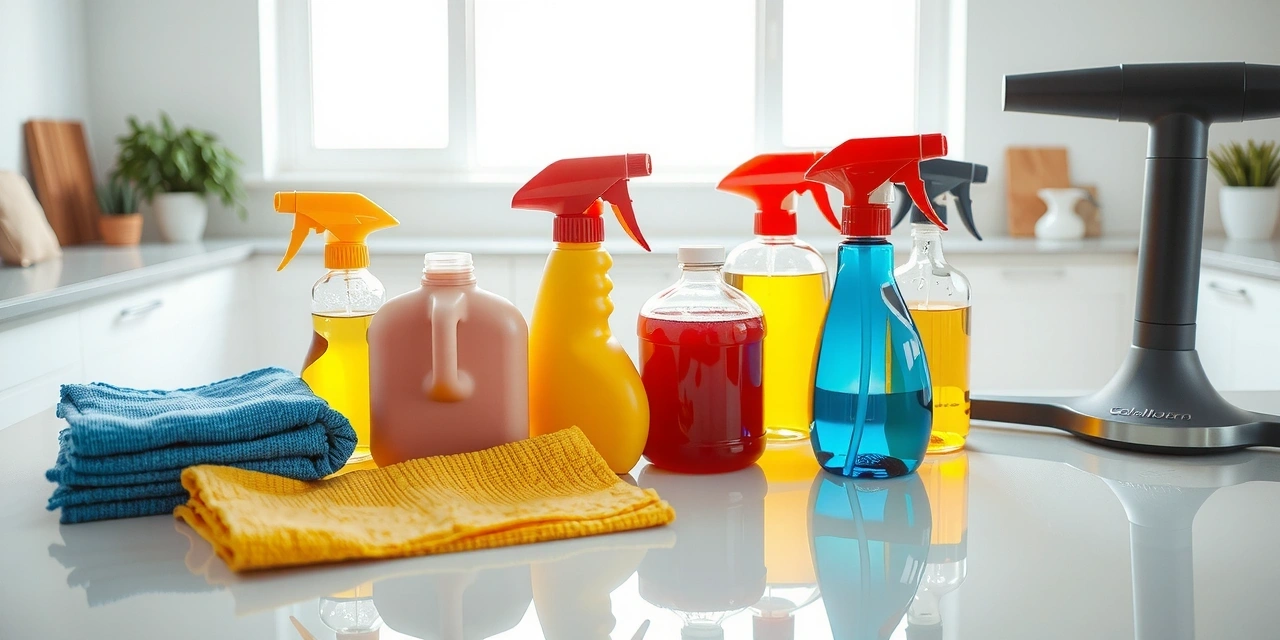 Variety of cleaning tools and sparkling clean home environment
