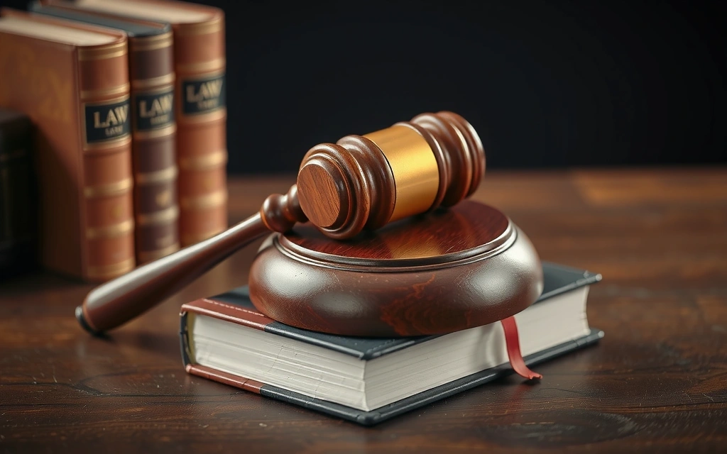 Gavel and law books on a wooden table