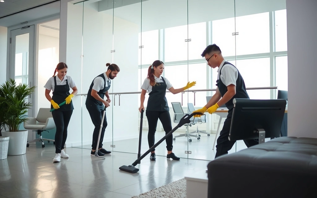 Professional cleaning team working in a modern office