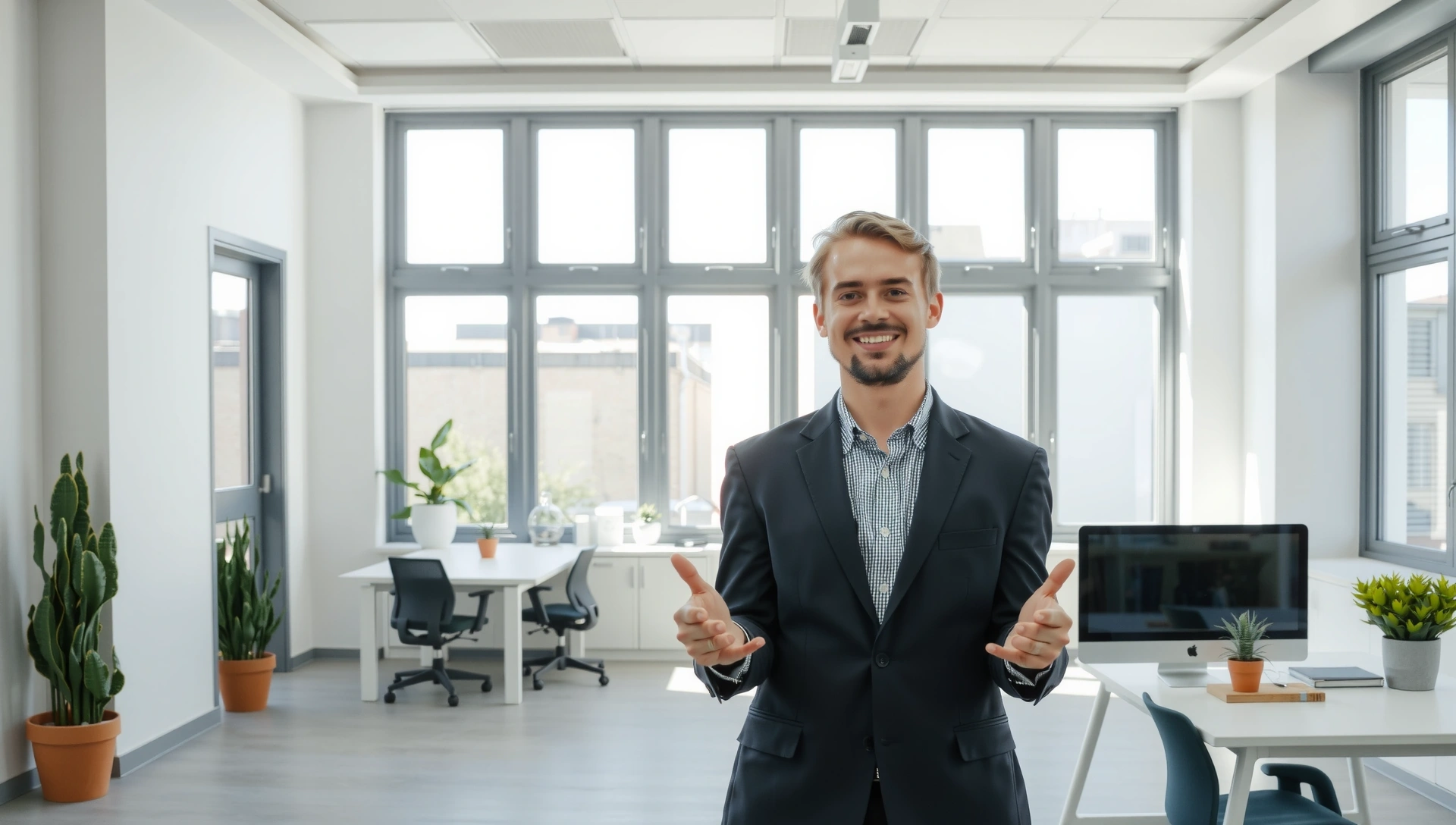 Sparkling clean office space with a happy client